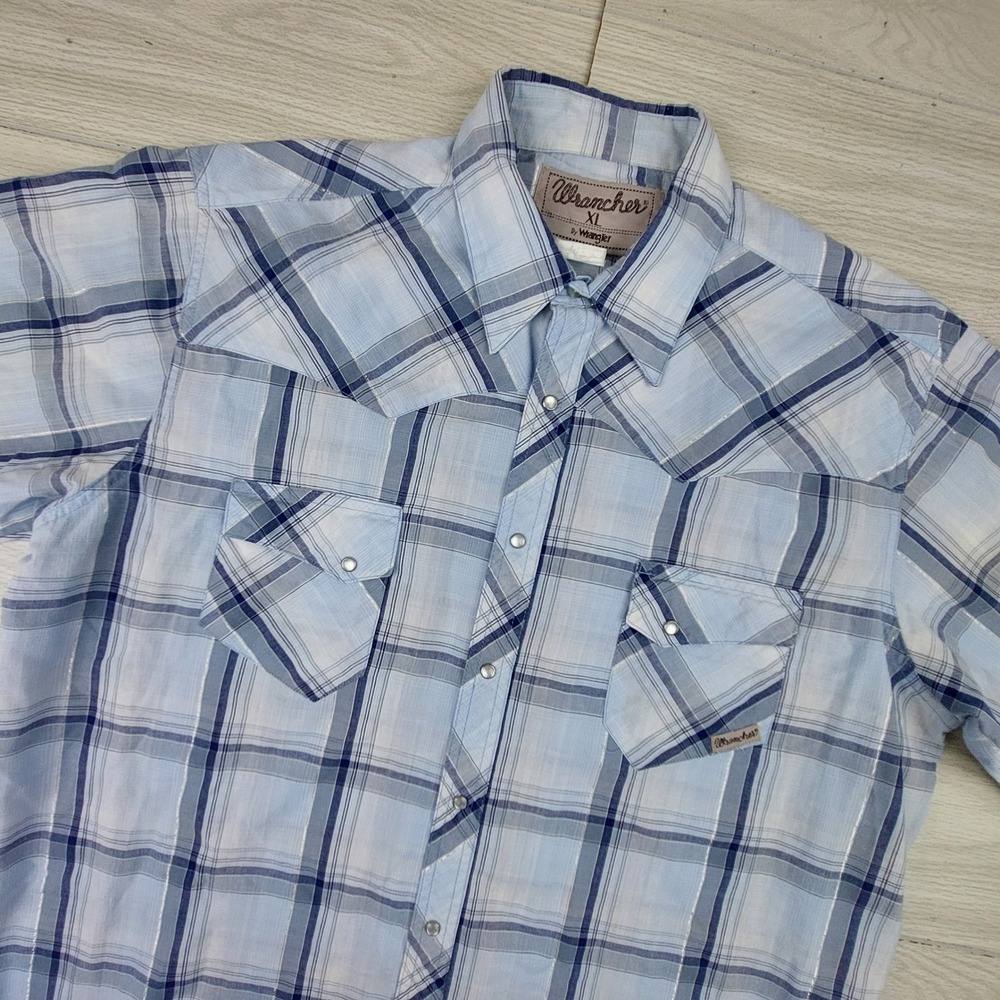 Wrangler Wrancher Western Shirt Mens XL Blue Plaid Short Sleeve Pearl Snap yokes